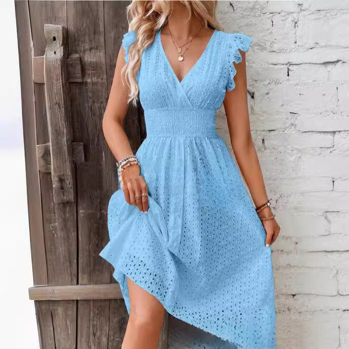 Damen Wickelkleid – A-Linien-Schnitt – Broderie Anglaise – Rüschenärmel – Atmungsaktiv