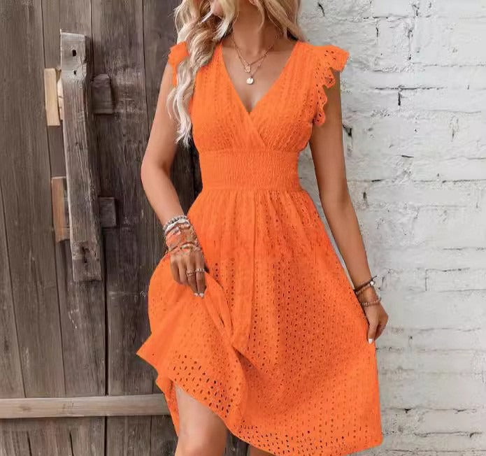 Damen Wickelkleid – A-Linien-Schnitt – Broderie Anglaise – Rüschenärmel – Atmungsaktiv
