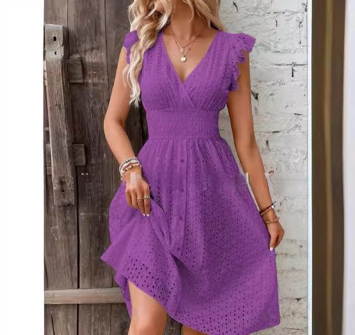 Damen Wickelkleid – A-Linien-Schnitt – Broderie Anglaise – Rüschenärmel – Atmungsaktiv