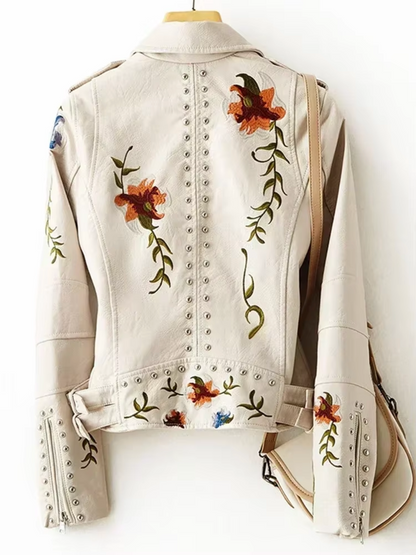 Damen Lederjacke – Taillierter Schnitt – Florale Stickerei – Bikerstil mit Nieten