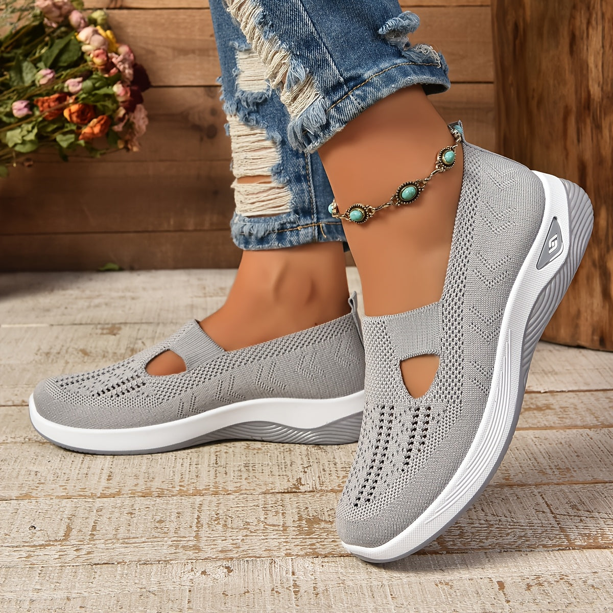 Damen Slip-On Sneaker – Atmungsaktives Strick – Gepolsterte Sohle – Schmaler Schnitt