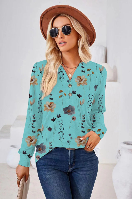 Damen Bluse – Lockerer Schnitt – Florales Muster – Knopfleiste – Atmungsaktives Material