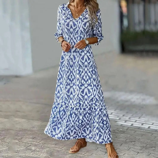 Damen Maxikleid – Lockerer Schnitt – V-Ausschnitt – Ikat Muster – 3/4 Ärmel – Atmungsaktive Faser